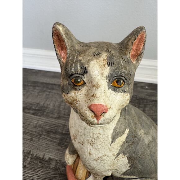 Vaillencourt Folk Art Chalkware Cat 1989 Hand painted Vintage Primitive 10” Grey - Picture 10 of 10